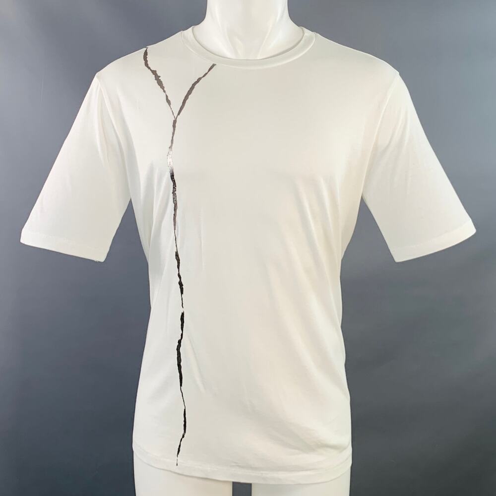 HAIDER ACKERMANN Size M White Silver Cotton Jersey Kintsugi Crew Neck T-shirt